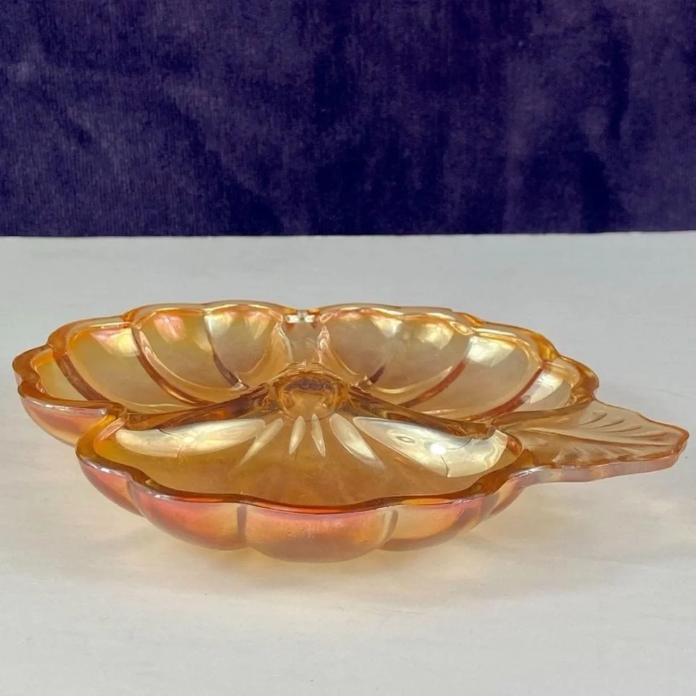 Jeannette Marigold Doric Shamrock, Clover Iridescent Carnival Glass Candy Dish